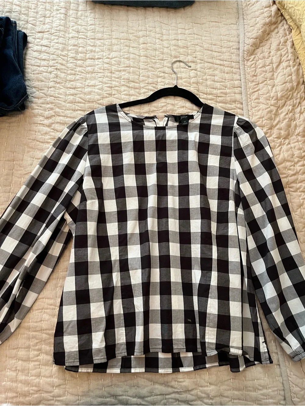 J. Crew Black and White Gingham Puff-Sleeve Blouse